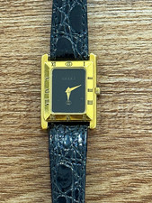 Gucci Women’s Rectangular Gold Plated Quartz Watch Black Dial Leather Strap