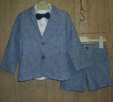 Next Jungen blau Leinen Shorts Blazer Dino Hemd Fliege Hochzeit Anzug Alter 2-3 98 cm