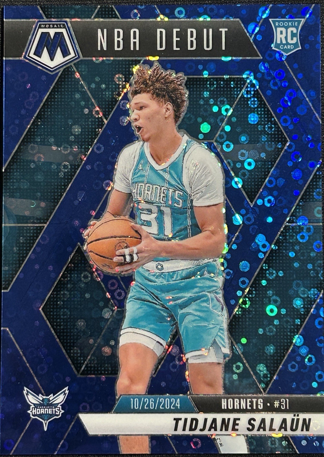 2024-25 Panini Mosaic Tidjane Salaun Rookie NBA Debut Blue Disco #/85 SP