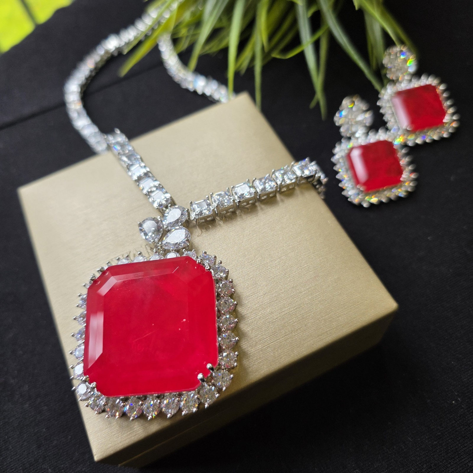 Ruby Doublet Statement Necklace Set with Earrings