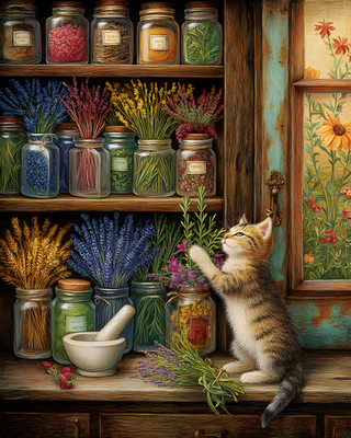 8x10 Cozy Storybook Cat Is Watching Painting of Flowers Art Print - 609438693