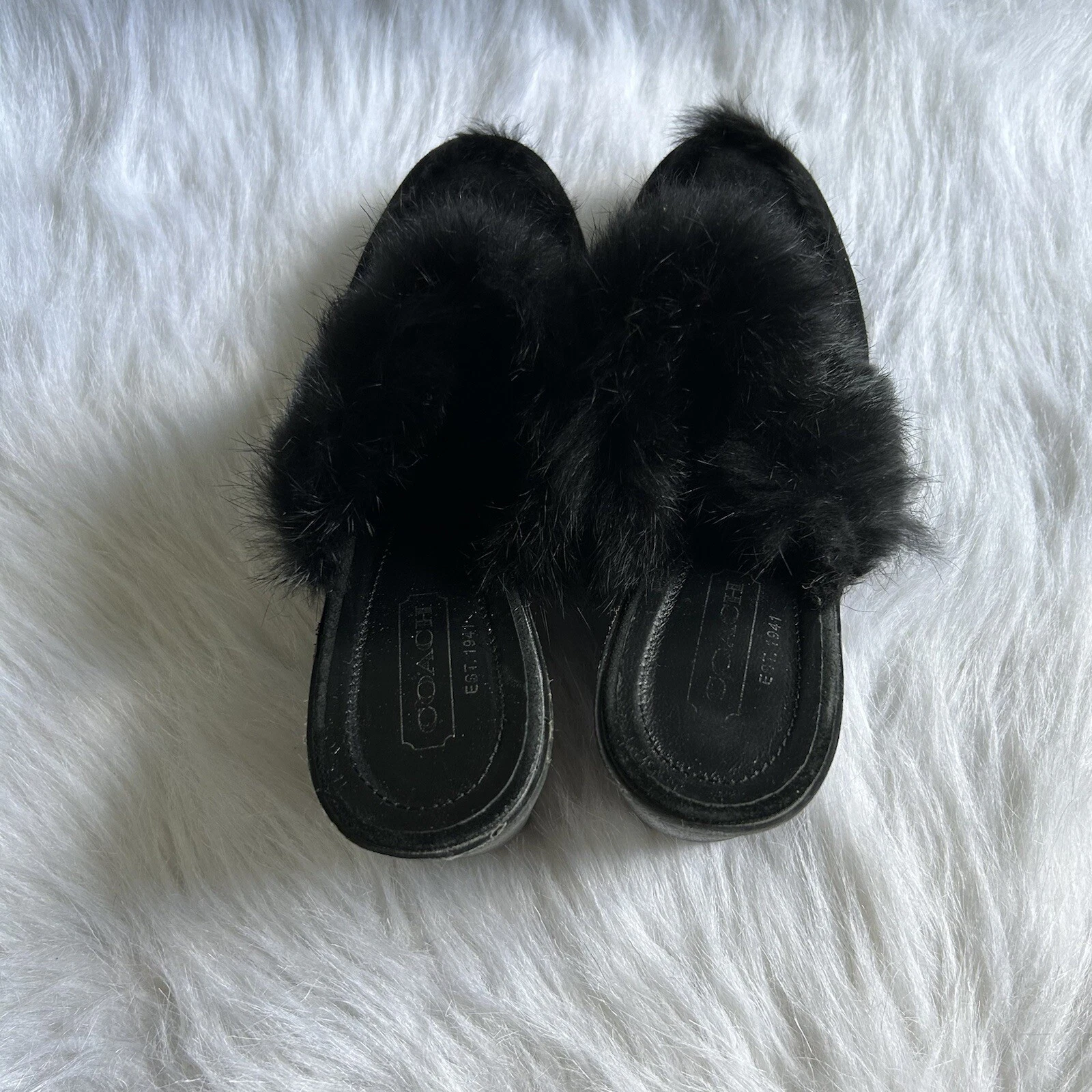 Zoccoli Coach Kaela scamosciati pelliccia di coniglio donna taglia 8 B neri scarpe con zeppa antiscivolo