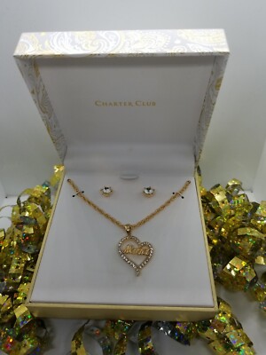 CHARTER CLUB Gold-Tone Crystal Nana  Heart Pendant Necklace & Stud Earrings Set 