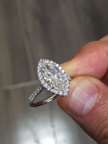 Diamant taillé marquise Halo 2,80 ct avec bague de fiançailles ronde I, VS2 GIA 18K WG - Photo 1/5