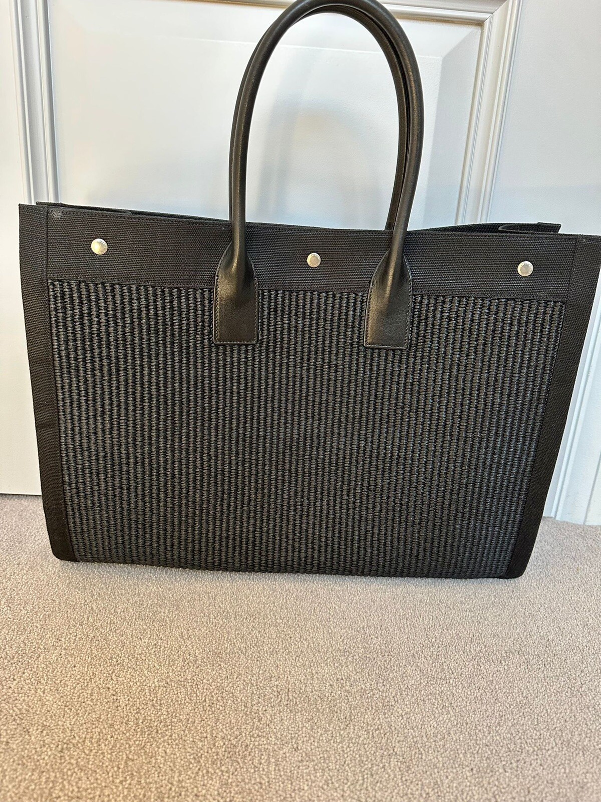 Rive Gauche Saint Laurent Black Straw And Leather Tote With Dust Bag eBay