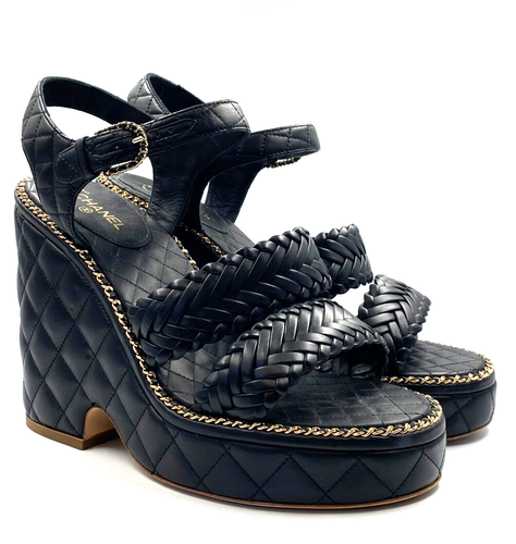 CHANEL Black Gold Quilted Braided Straps Leather Wedge Platforms 40 9  Sandals | eBay