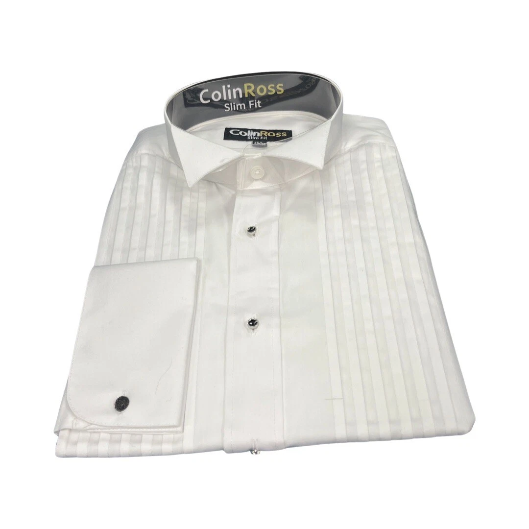Colin Ross White 15 Wing Collar Pleated With Studs Double Cuff Dress Shirt NEW