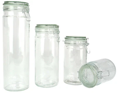EDMBG 4 Coordinating Glass Storage Jars Canisters Containers Sealing Hinged Lids - New
