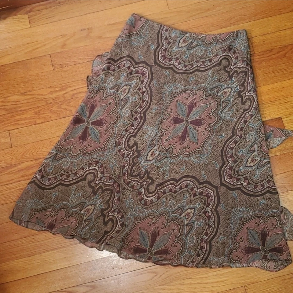 Chaps Size L Skirt Midi Brown Burgundy Paisley Chiffon Bias Ruffle Fully Lined - Image 3 of 4