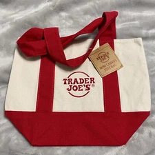 Trader Joe's Mini Tote Bag Red w/ 2-Sml Embroidered Logo Pockets Logo Canvas