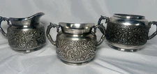 Pairpoint Mfg Co Quadruple Plate Cream and Sugar Bowl set of 3 #2034 Floral Mot