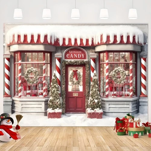 Christmas Photography Background Candy Gift Shop Snowfield Decor – 7x5ft