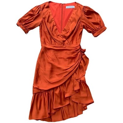 Mac Duggal Ieena Burnt Orange Size 0 V-Neck Faux Wrap Ruffle Zip Mini Dress NWT