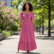 Terra & Sky Women's Summer Maxi Dress 1X Off Shoulder Batik Geometric Print NWT
