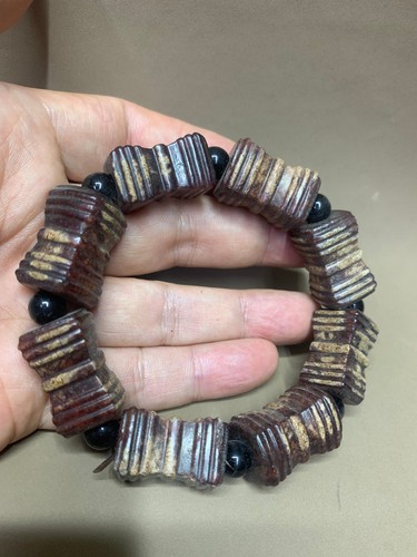 Unique Beautiful Chinese Old HeTian Jade Hand Carved Prayer Cong Beads Bracelet