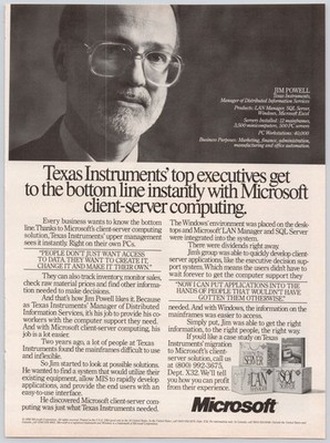 Microsoft Vintage 1992 Print Ad Texas Instruments Client-Server Computing