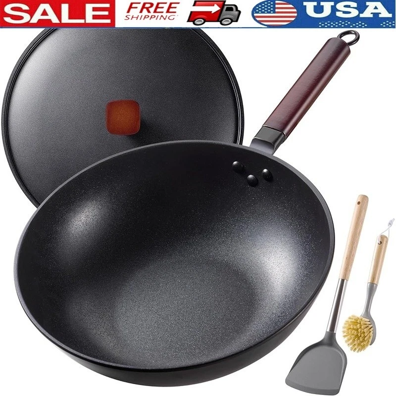 Upgrade Non-Stick Carbon Steel Wok Set W/ Lid Spatula Brush Kitchen Cookware New