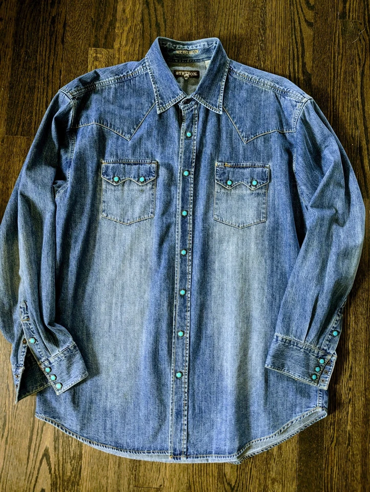 Stetson Mens XL Blue Jean And Turquoise Western Button Down Shirt - Image 2 of 4