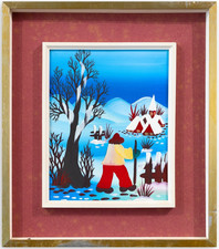 Dipinto NAIF "Paesaggio Invernale" Olio su Tela - Scuola Croata / Slava  Vintage