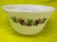 Vintage 9” Federal Maple Leaf Milk Glass Mixing Bowl Heat Proof Kitchen Cooking