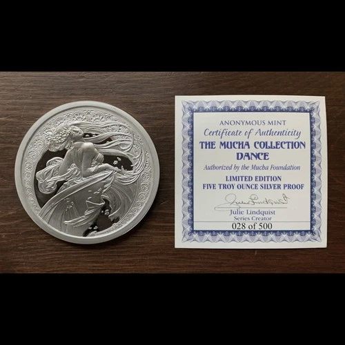 5 oz Silver Proof - Alphonse Mucha #2 Dance / In Capsule / L.E. 028/500