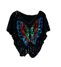 Vintage 80s Womens One Size Rainbow Butterfly Embellished Shirt Top Fairy Disco