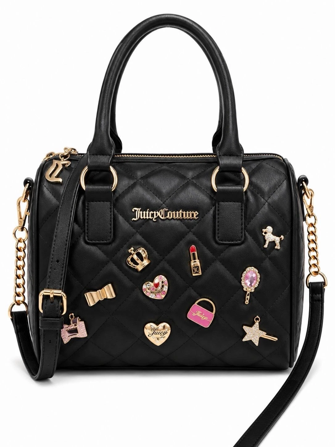 Juicy Couture Satchel Quilted Charm Gold Chain Zip Double Handles Black Women