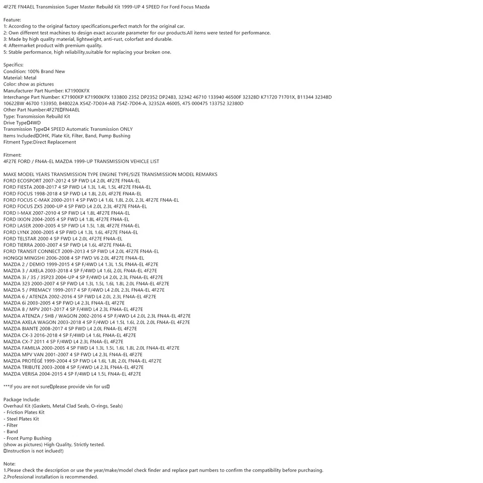 FN4AEL 4F27E Transmission Rebuild Kit Super Master Fits 99-UP Ford Focus Mazda Foto 2 de 4
