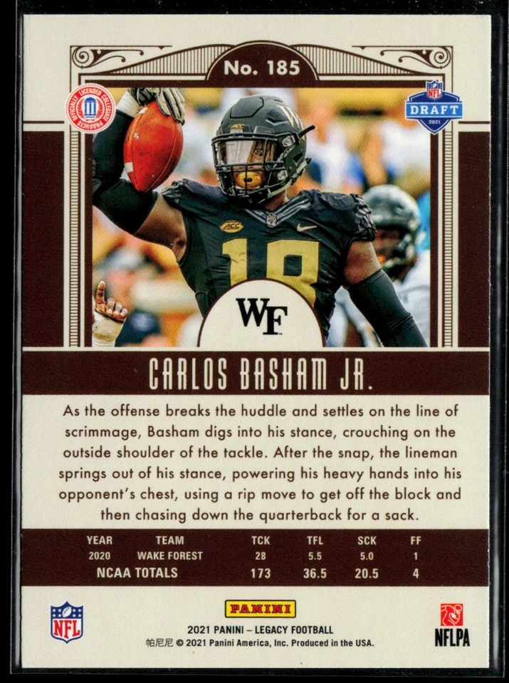 2021 Panini Legacy #185 Carlos Basham Jr. RC - Image 2 of 2