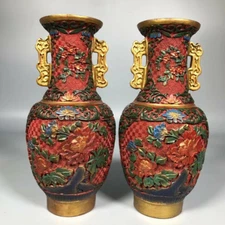 China Dynasty Wood Lacquerware Color Drawing Flower Bottle Wine Vase Flask Pair