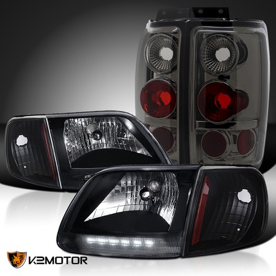 Fits 1997-2002 Ford Expedition XLT Black Headlights+Corner Lamps+Smoke Tail Lamp