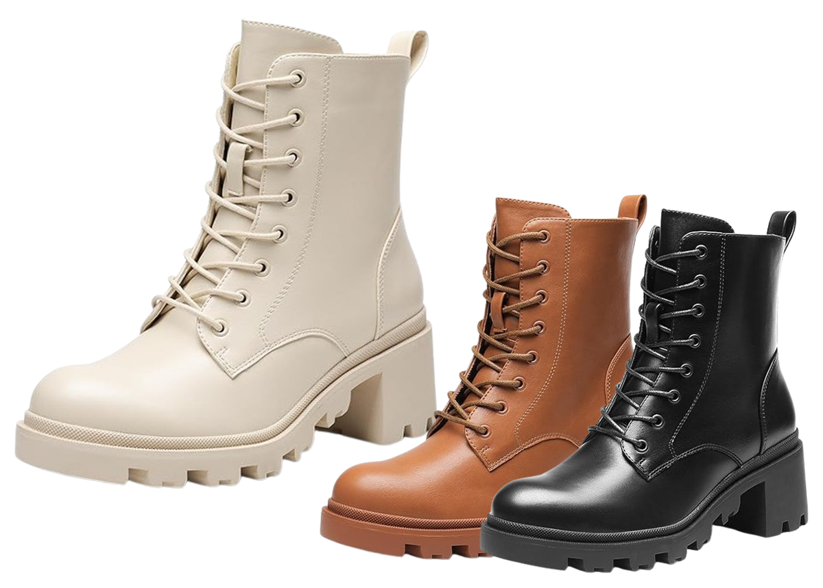 Women Combat Ankle Booties Low Chunky Block Heel Side Zipper Lace