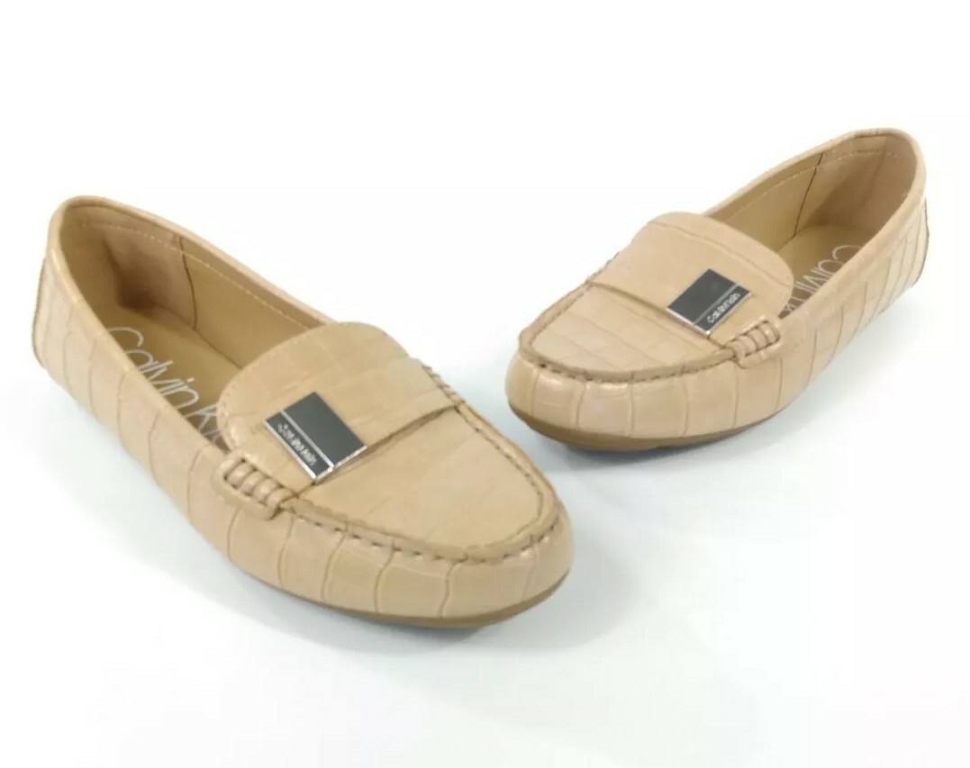 Calvin Klein Lisa Beige Brown Crocodile Faux Leather Loafers 
