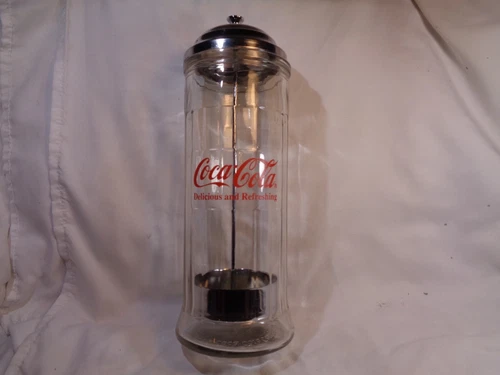 Vtg Coke 1992 Coca Cola Clear Glass & Chrome Metal Lift Tray Straw Holder AS-IS