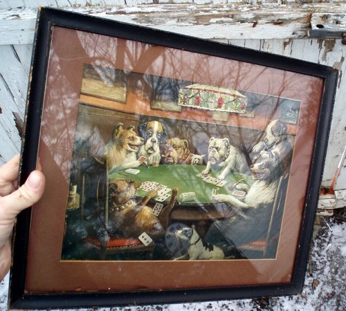 RARE ORIGINAL ANTIQUE LITHOGRAPH PRINT OF DOGS PLAYING CARDS IN ORIGINAL FRAME - Picture 19 of 24