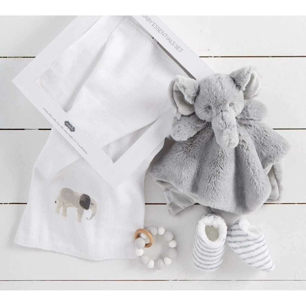 Mud Pie E0 Baby Shower Gifts Boxed Set Elephant Woobie, Booties, Burp & Teether
