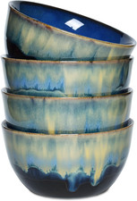 Stoneware Cereal Bowls Set of 4, 26 Oz, Blue Soup Bowls for Oatmeal, Salad, Dish