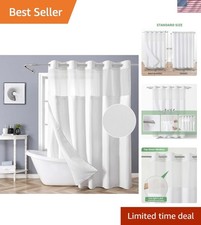 White No Hook Shower Curtain with Snap-in Fabric Liner Set,Slub Textured Fabr...