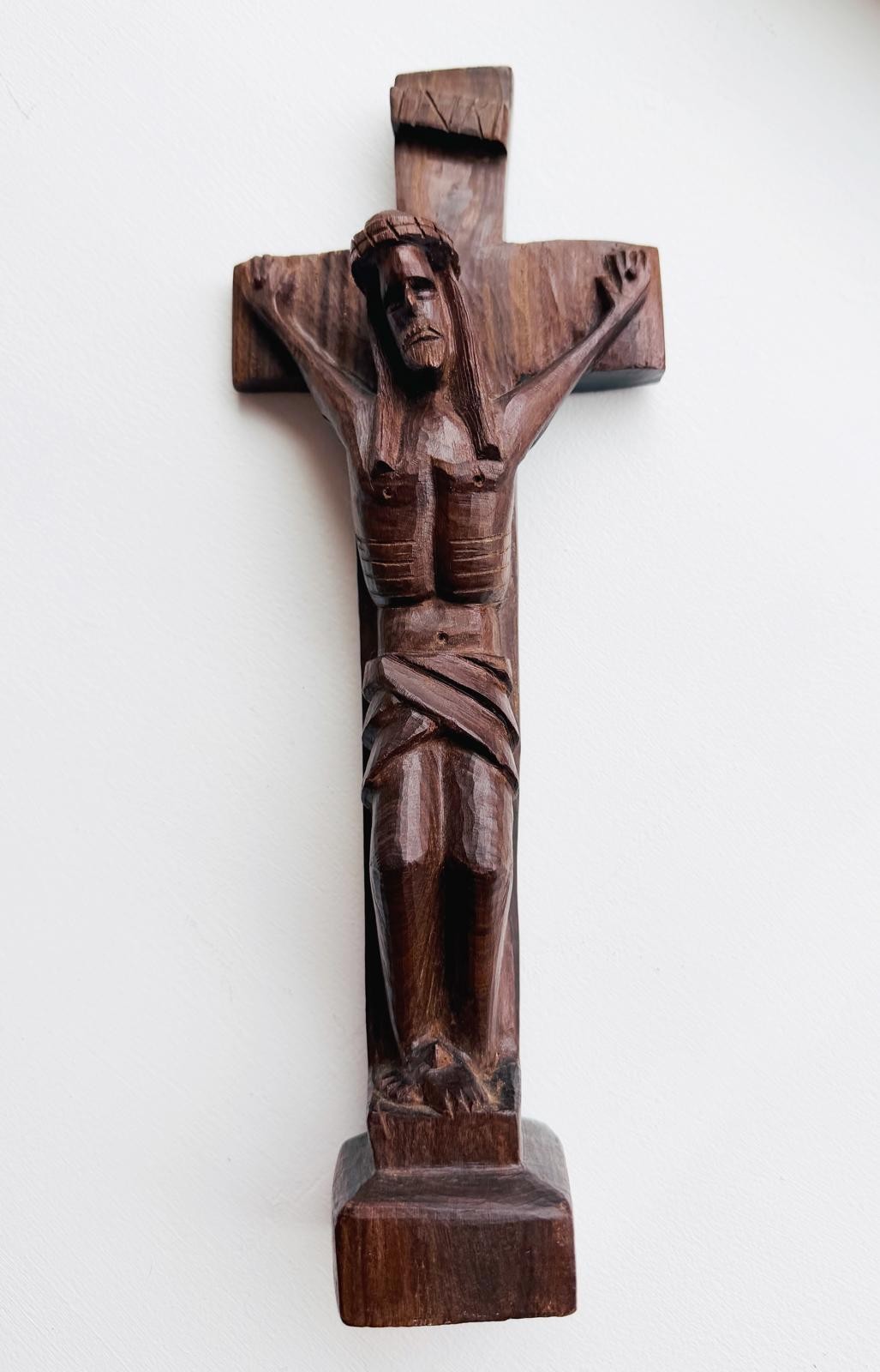 Vintage Hand-Carved Wooden Crucifix -Folk Art Religious Wall Cross