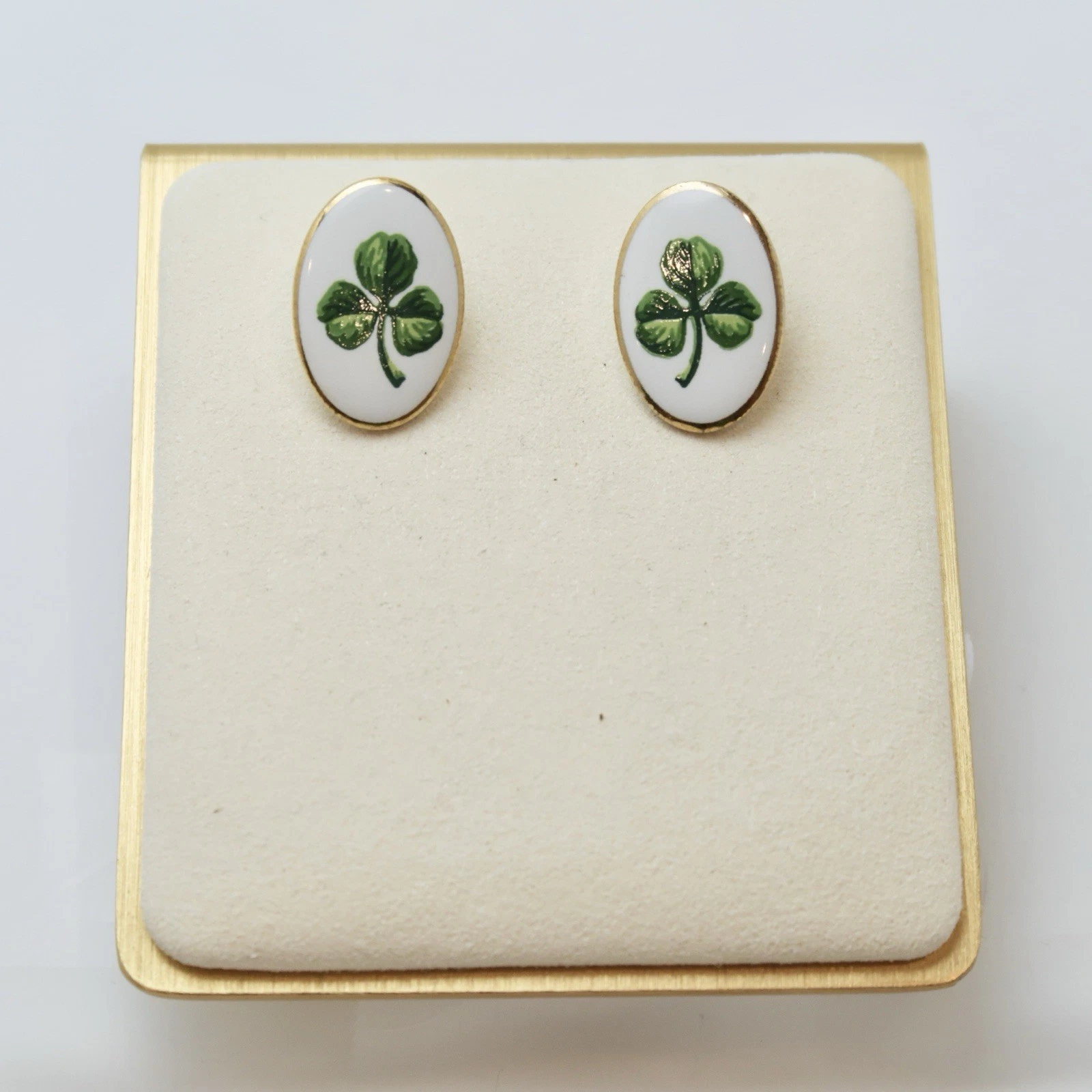 Porcelain Shamrock 4 Leaf Clover Gold Tone Vintage Earring Jewelry E23