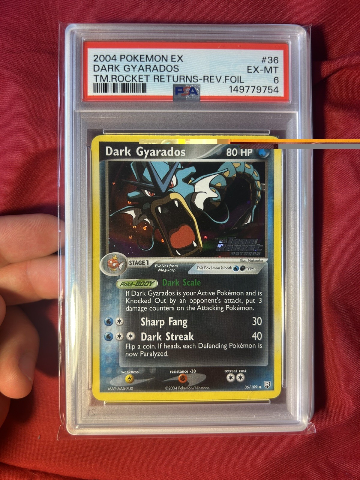 2004 POKEMON EX DARK GYARADOS-REVERSE FOIL TEAM ROCKET RETURNS #36 PSA 6