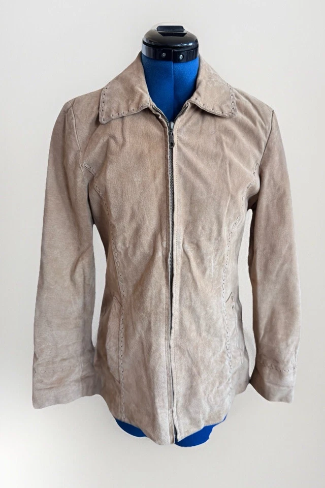 Vintage 90s Y2K Style Adler Collection Tan Leather Suede Zip Up Stitch Jacket S - Image 3 of 4