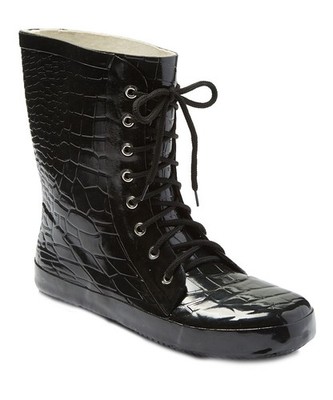 Womens Rubber Rain Boots Size 7 Black Croc Print Lace Up Waterproof Booties
