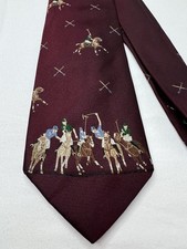 RARE Polo Ralph Lauren Mens Silk Tie Burgundy Equestrian Players Horses Vintage