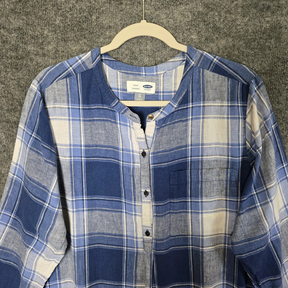 Old Navy Top Womens XL Blue White Plaid Cotton Linen Tunic Long Sleeve Henley - Image 2 of 4