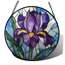 Stained Glass Window Hanging - Iris Birth 6.3x6.3 IN Purple-white Flowers