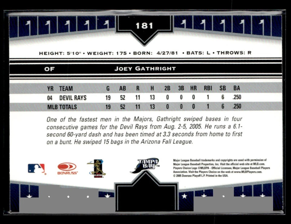2005 Donruss Champions #181 Joey Gathright Card Tampa Bay Devil Rays - Image 2 of 2