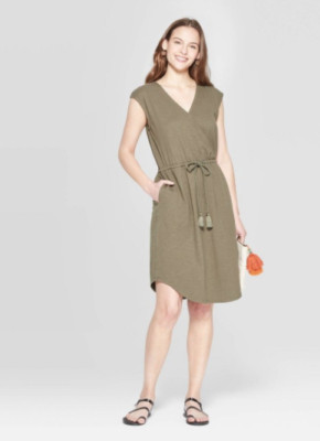 Women's Cap Sleeve Mini Dress Small Drawstring Waist Universal Thread NWT Olive 