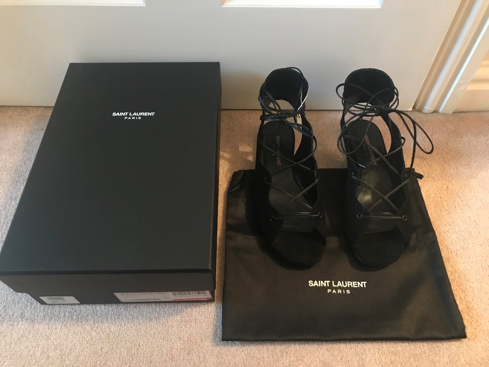 *NUOVI CON SCATOLA* £530 ORIGINALI YSL YVES SAINT LAURENT NERI SANDALI STRINGATI SCARPE UK 37 4