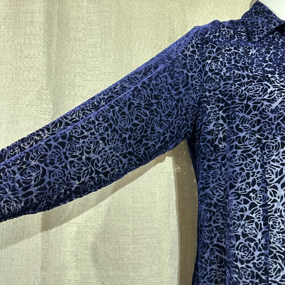 Merona Burnout Top Womens Large Blue Roses Mother of Pearl Buttons Sheer Silk - Image 3 of 4